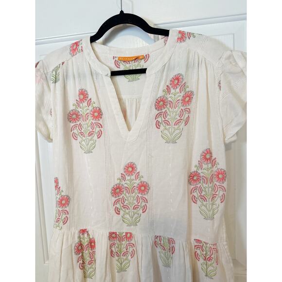 Oliphant Dress Women Size M Algarve Pink Floral Roll Sleeve Tiered Mini Sundress - Picture 5 of 11